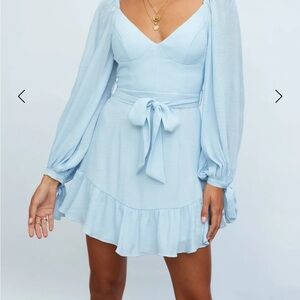 Hello Molly Blue Ruffled Tie Front Sundress with Long Bishop Sleeves